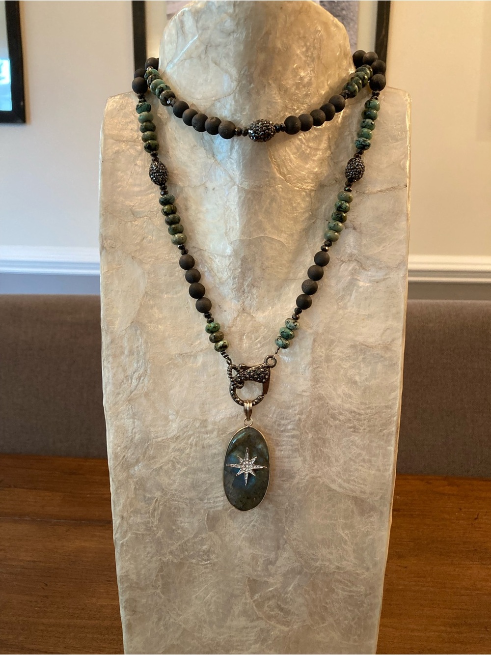 Artist created labradorite & semi precious stone 35” necklace.
